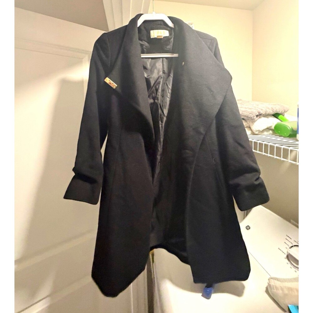 MICHAEL Michael Kors Women’s Black Wool Blend Coat, Belted Tie, Medium Women’s